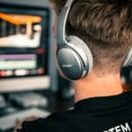 man in black and white crew neck shirt wearing black and gray headphones